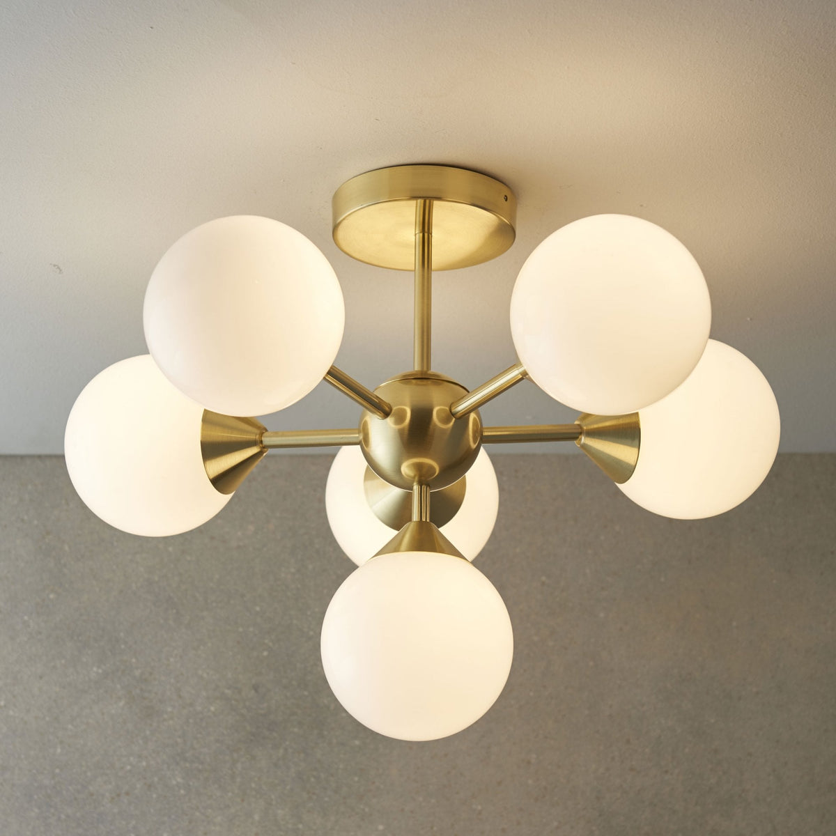 Oscar Six Light Semi Flush in Brushed Brass with White Glass Shades