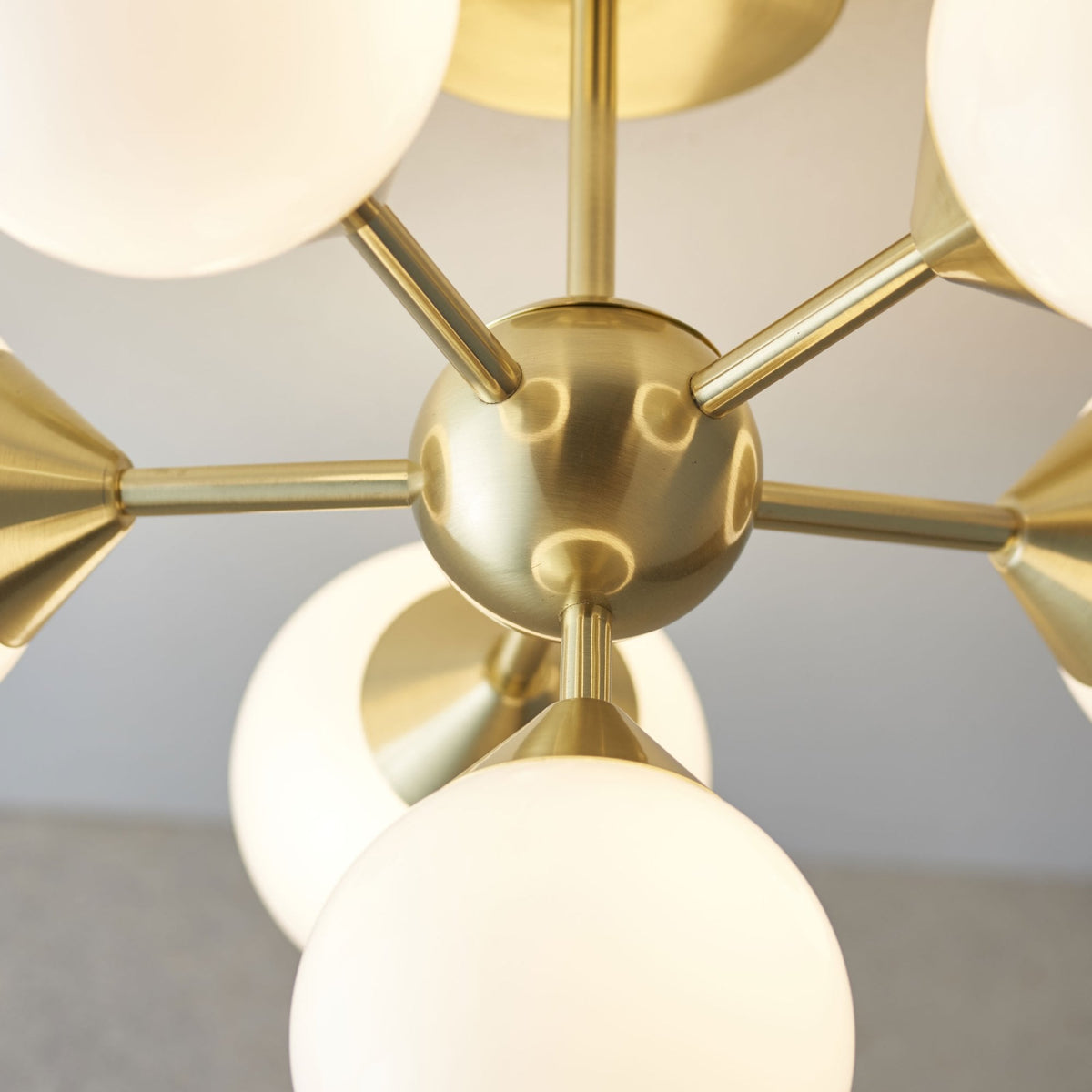 Oscar Six Light Semi Flush in Brushed Brass with White Glass Shades