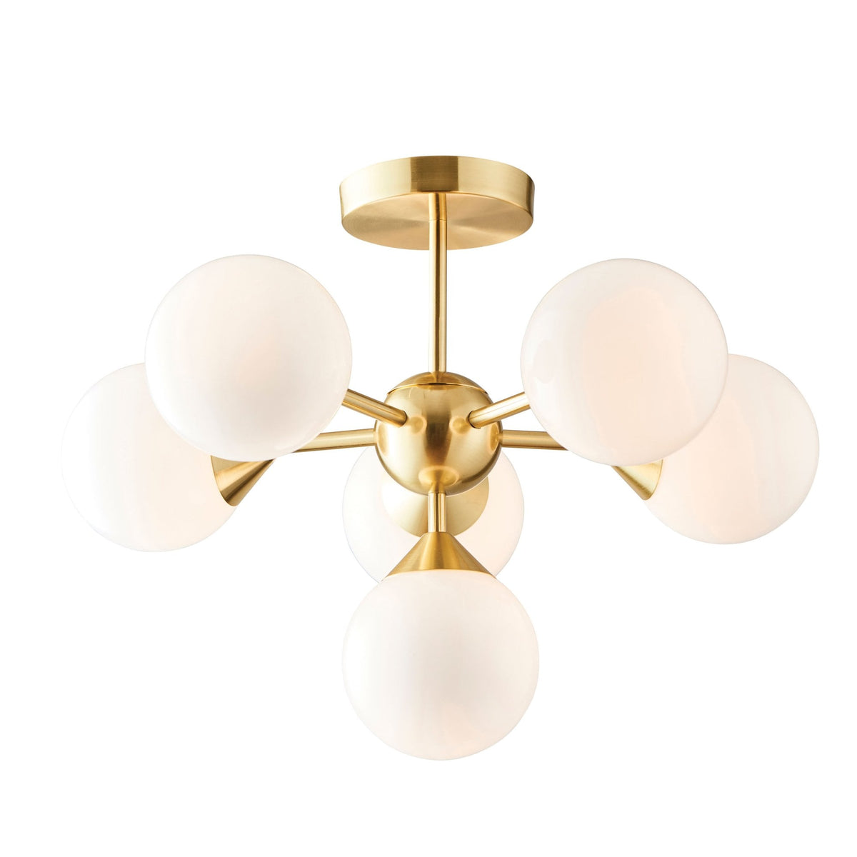 Oscar Six Light Semi Flush in Brushed Brass with White Glass Shades