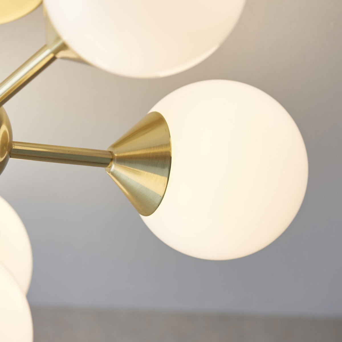 Oscar Six Light Semi Flush in Brushed Brass with White Glass Shades
