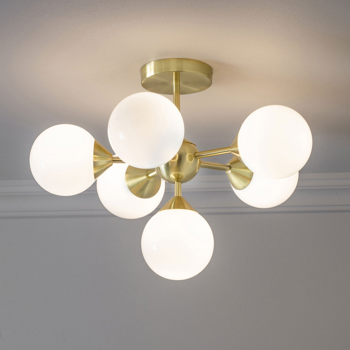 Oscar Six Light Semi Flush in Brushed Brass with White Glass Shades