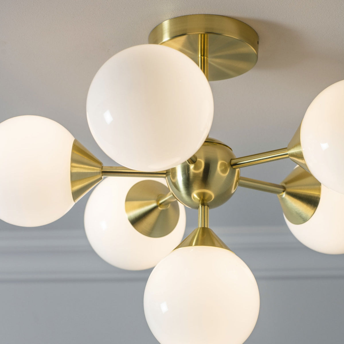 Oscar Six Light Semi Flush in Brushed Brass with White Glass Shades