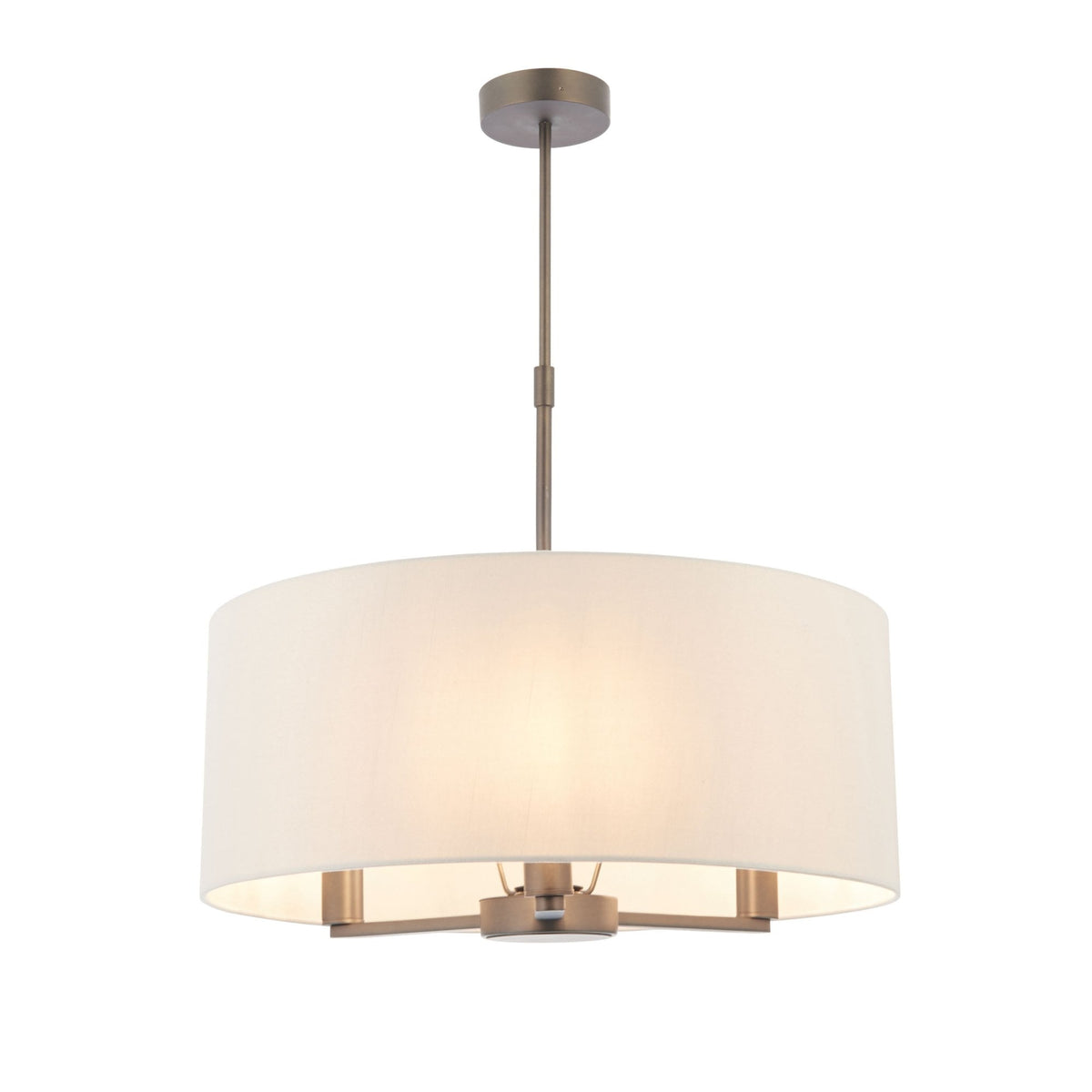 Drum pendant light with a white fabric shade and dark bronze metalwork, isolated on a white background.