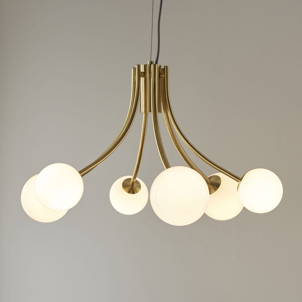 Bloom Six Light Pendant in Satin Brass & Opal Glass