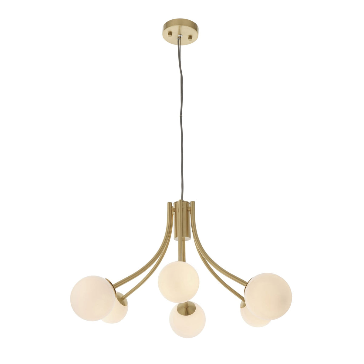Bloom Six Light Pendant in Satin Brass & Opal Glass