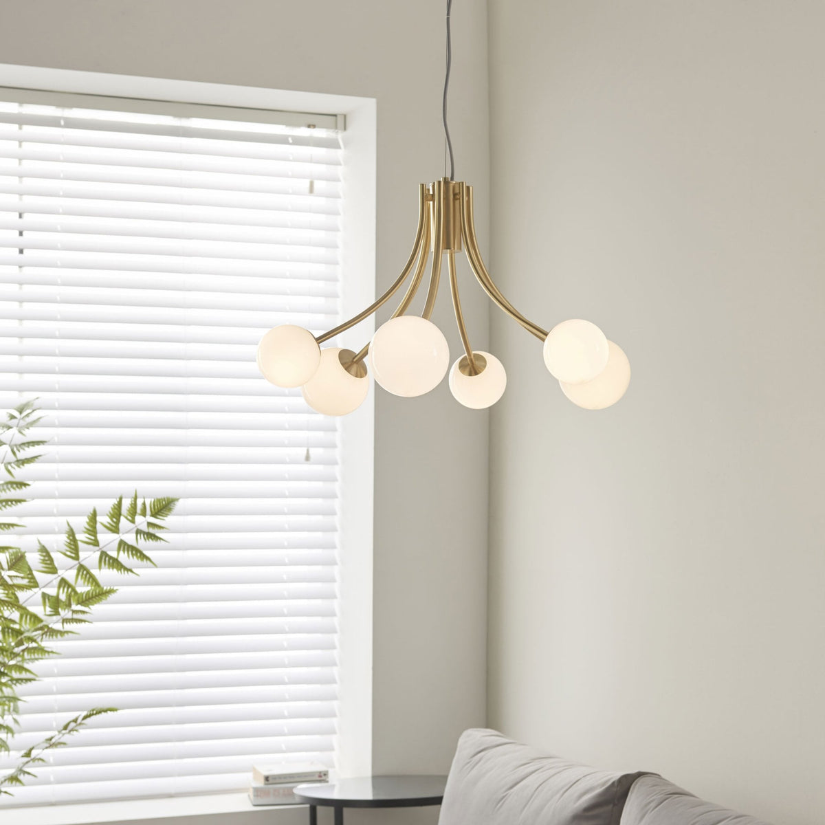 Bloom Six Light Pendant in Satin Brass & Opal Glass