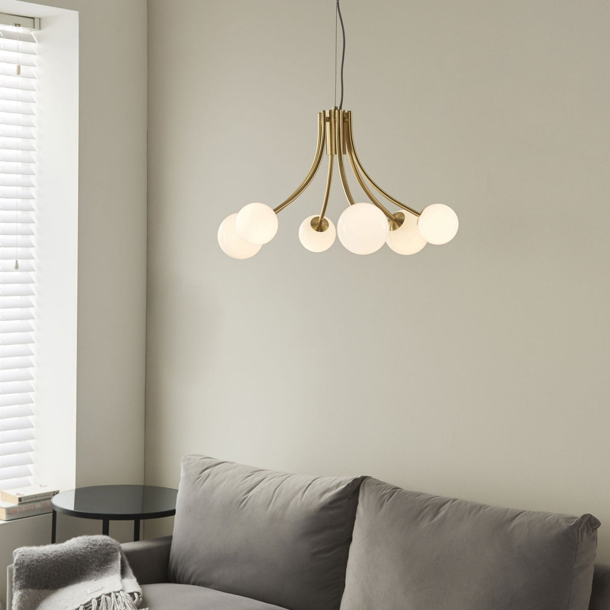 Bloom Six Light Pendant in Satin Brass & Opal Glass