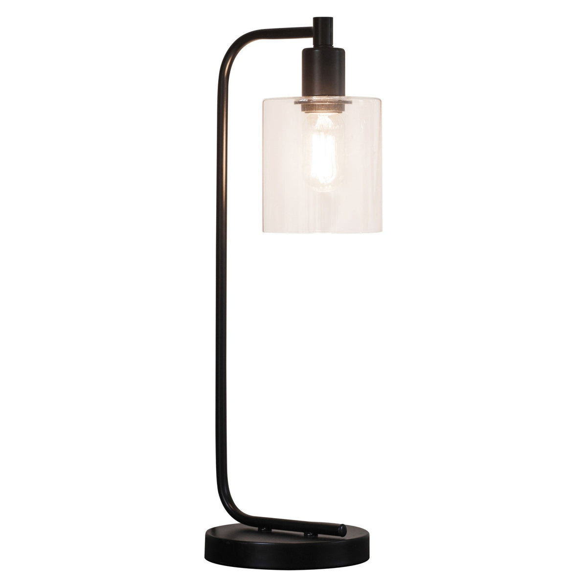 Black metal table lamp with a clear glass cylindrical shade and an exposed bulb on a white background.
