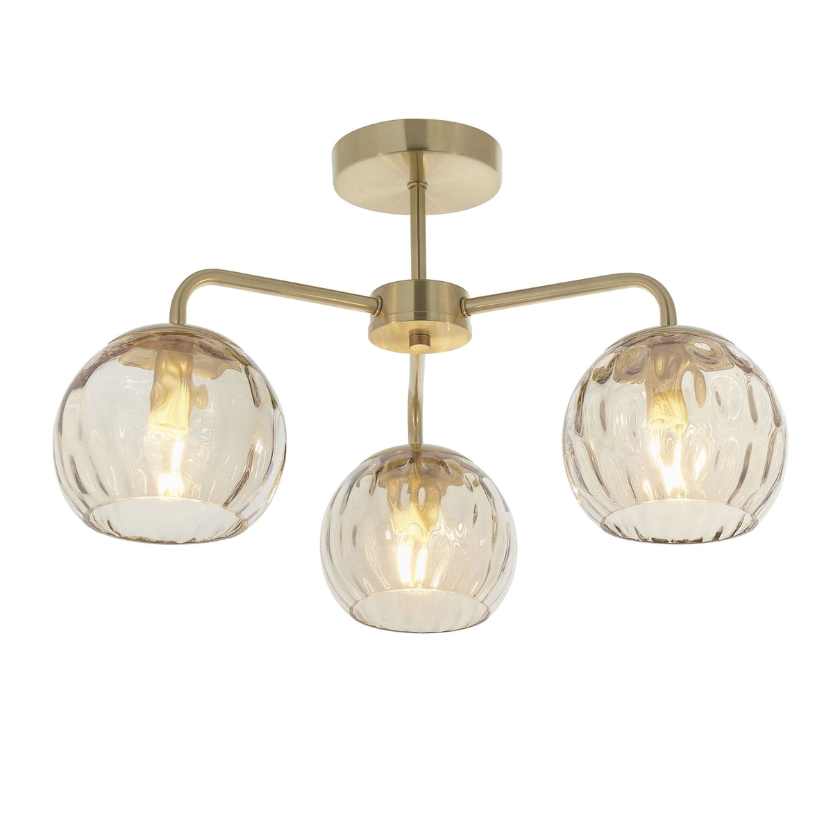 Three-light ceiling fitting with clear glass shades and a brass finish on a white background.