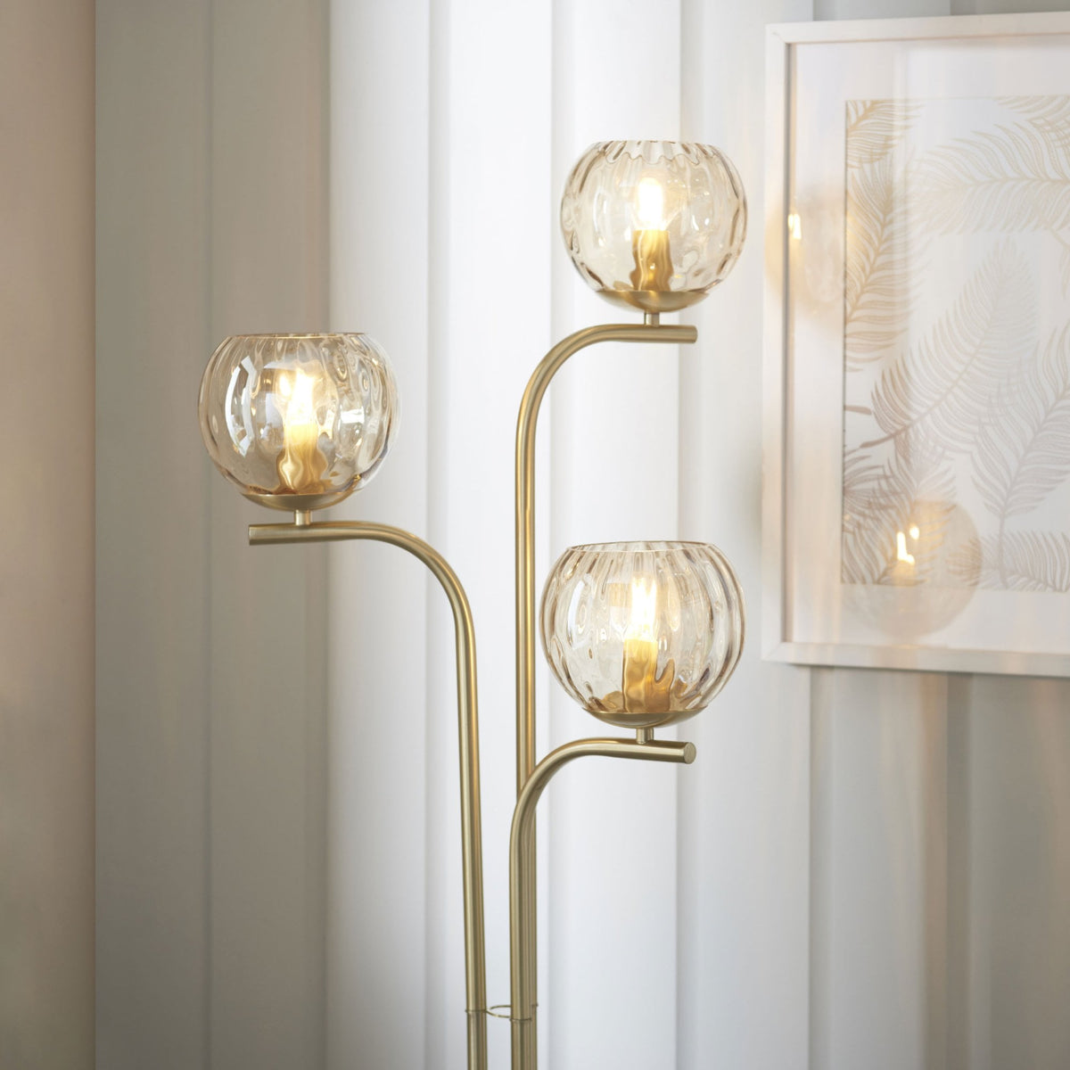 Dimple 3lt Floor Lamp in Brushed Brass & Champagne Lustre Glass