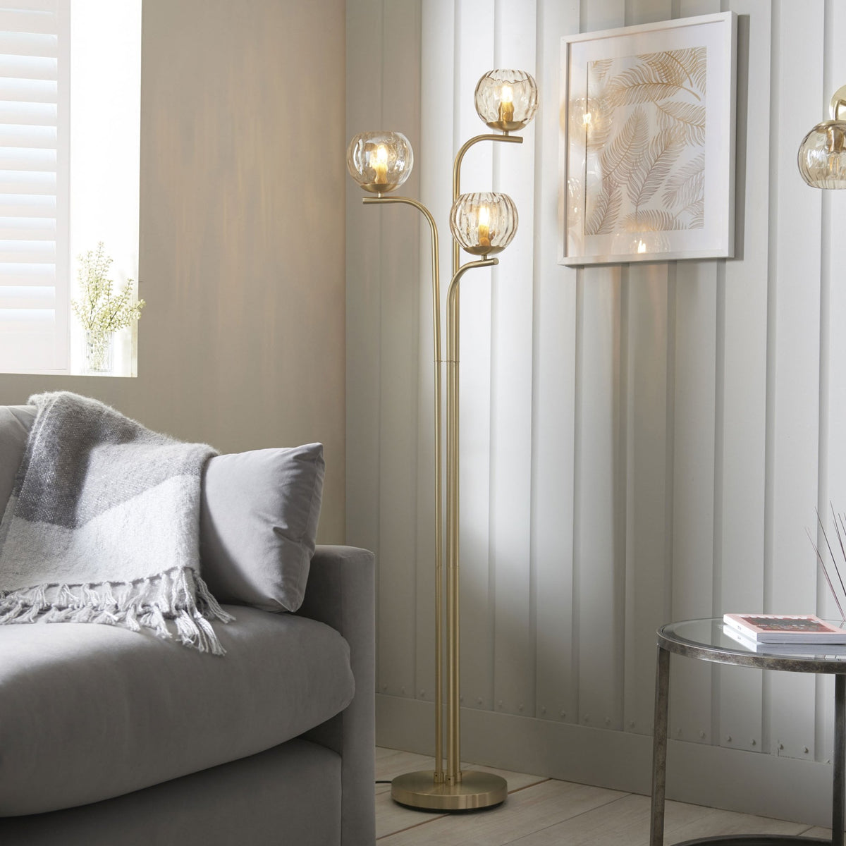 Dimple 3lt Floor Lamp in Brushed Brass & Champagne Lustre Glass