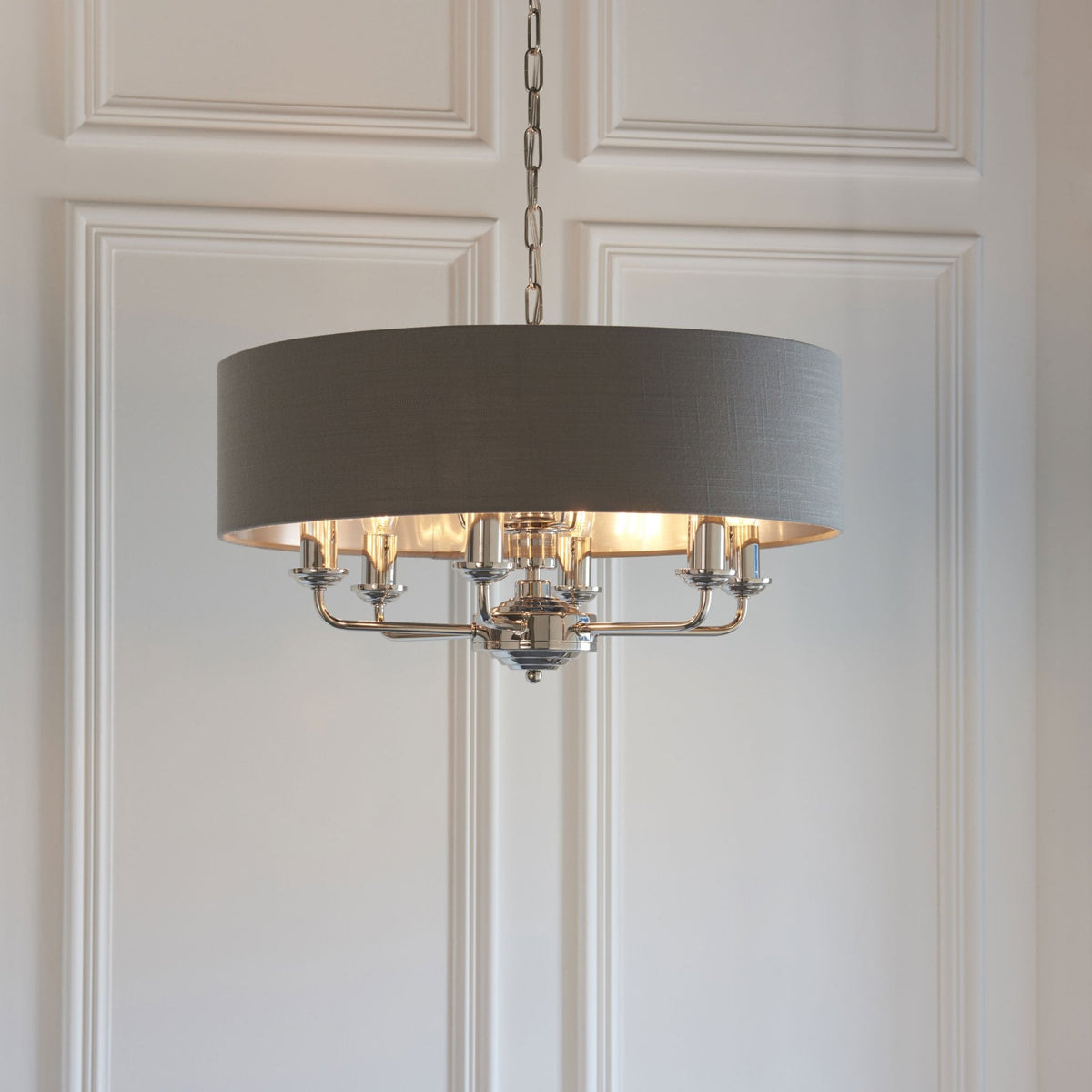Highclere Eight Light Pendant in Nickel with Charcoal Shade