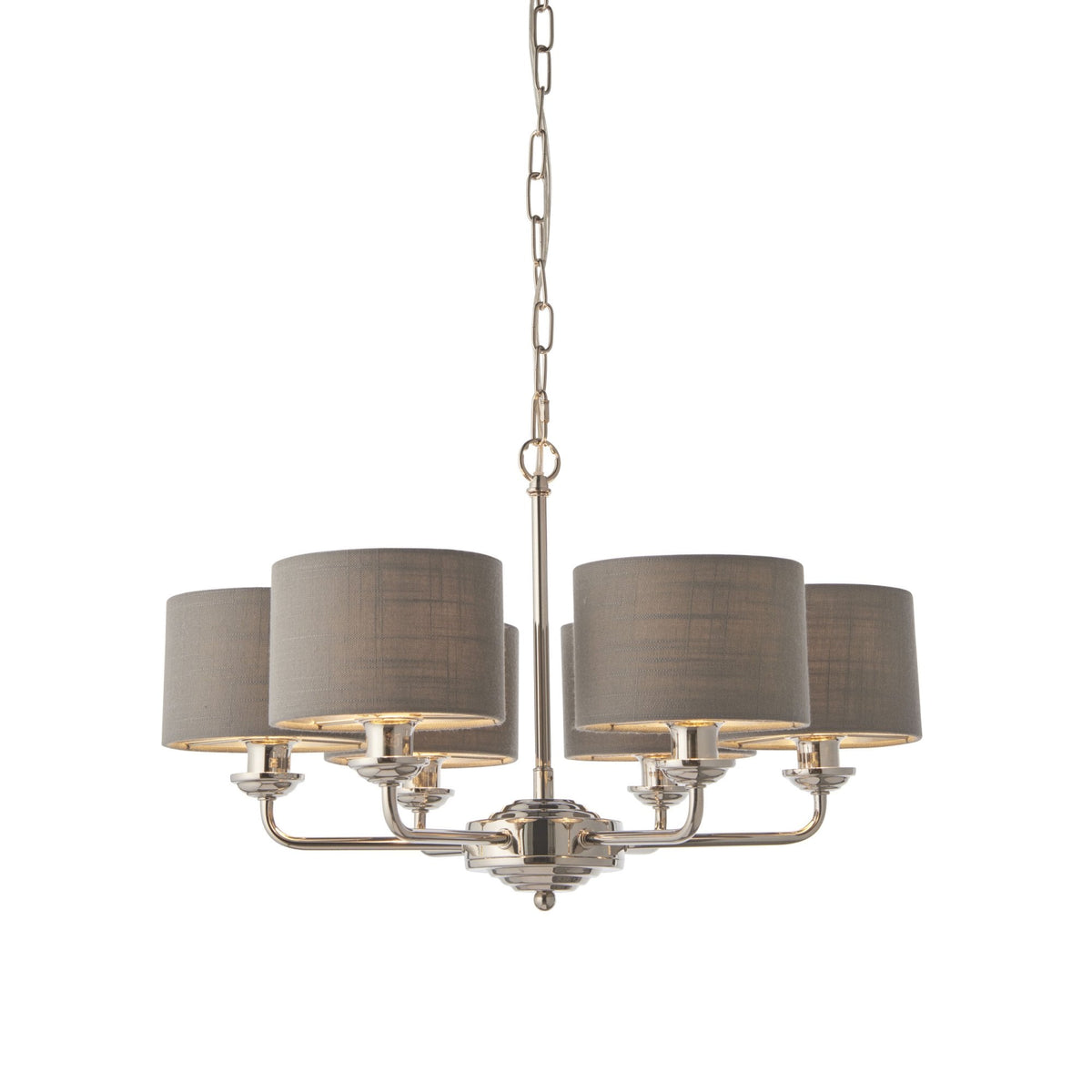 Highclere Six Arm Pendant in Nickel with Charcoal Shades