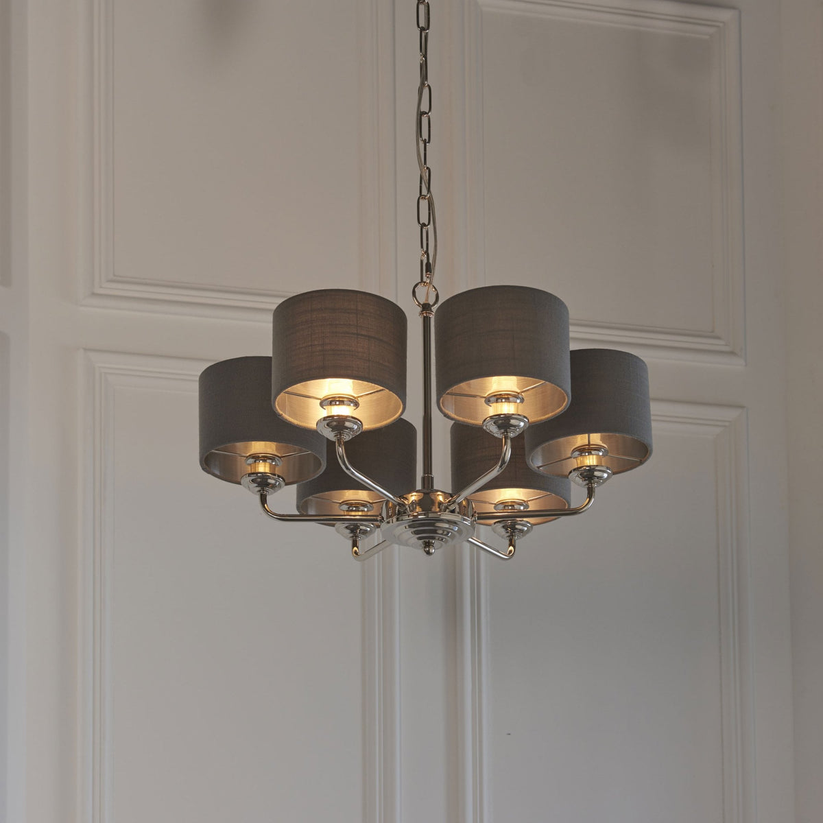 Highclere Six Arm Pendant in Nickel with Charcoal Shades