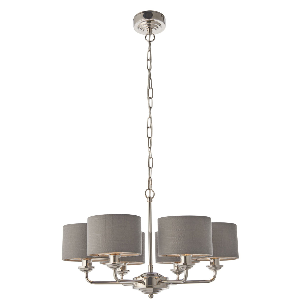 Highclere Six Arm Pendant in Nickel with Charcoal Shades