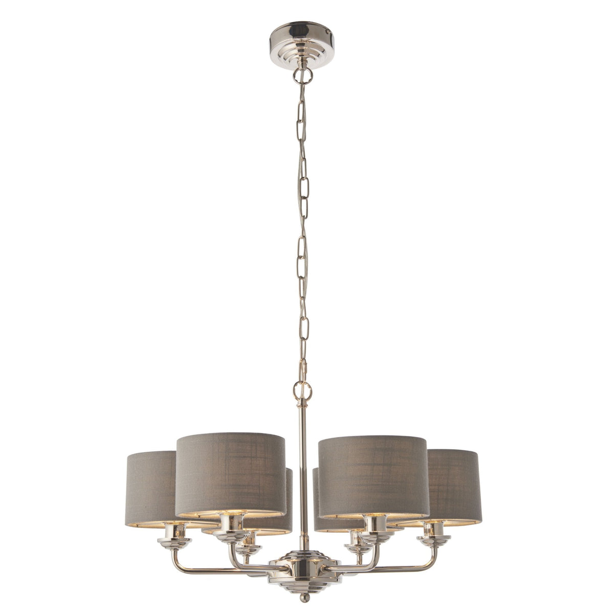 Highclere Six Arm Pendant in Nickel with Charcoal Shades