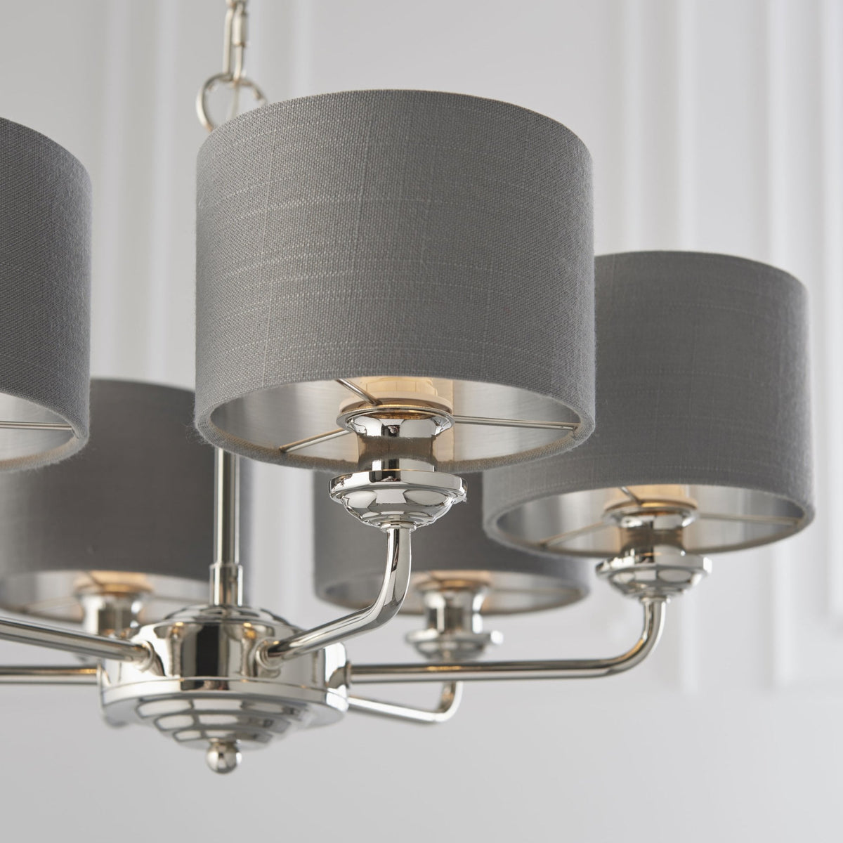 Highclere Six Arm Pendant in Nickel with Charcoal Shades