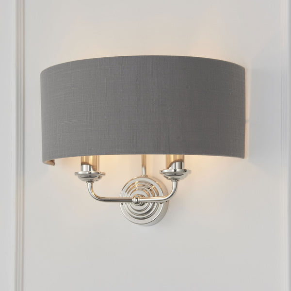 Highclere Twin Lamp Wall Light in Nickel with Charcoal Shade