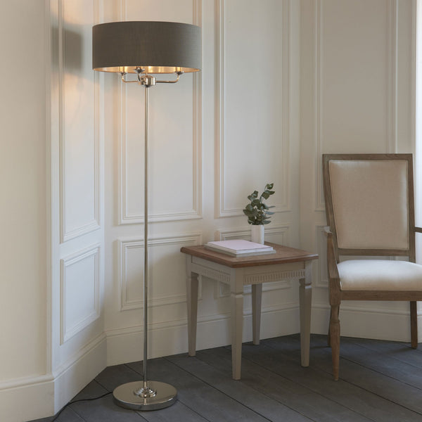 Highclere Three Light Floor Lamp in Nickel with Charcoal Shade