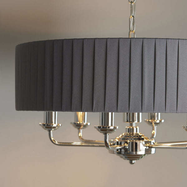 Highclere Six Light Pendant in Nickel with Pleated Charcoal Shade