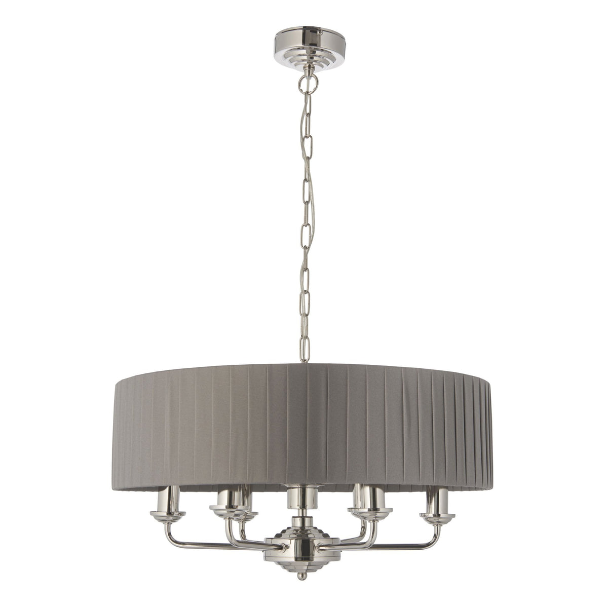 Highclere Six Light Pendant in Nickel with Pleated Charcoal Shade
