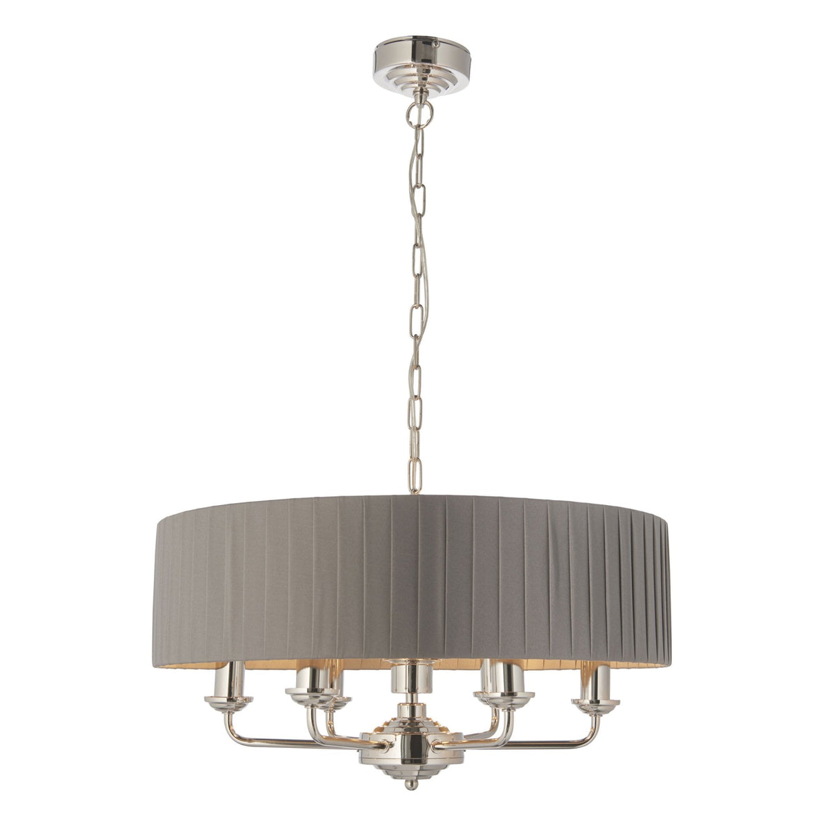 Highclere Six Light Pendant in Nickel with Pleated Charcoal Shade