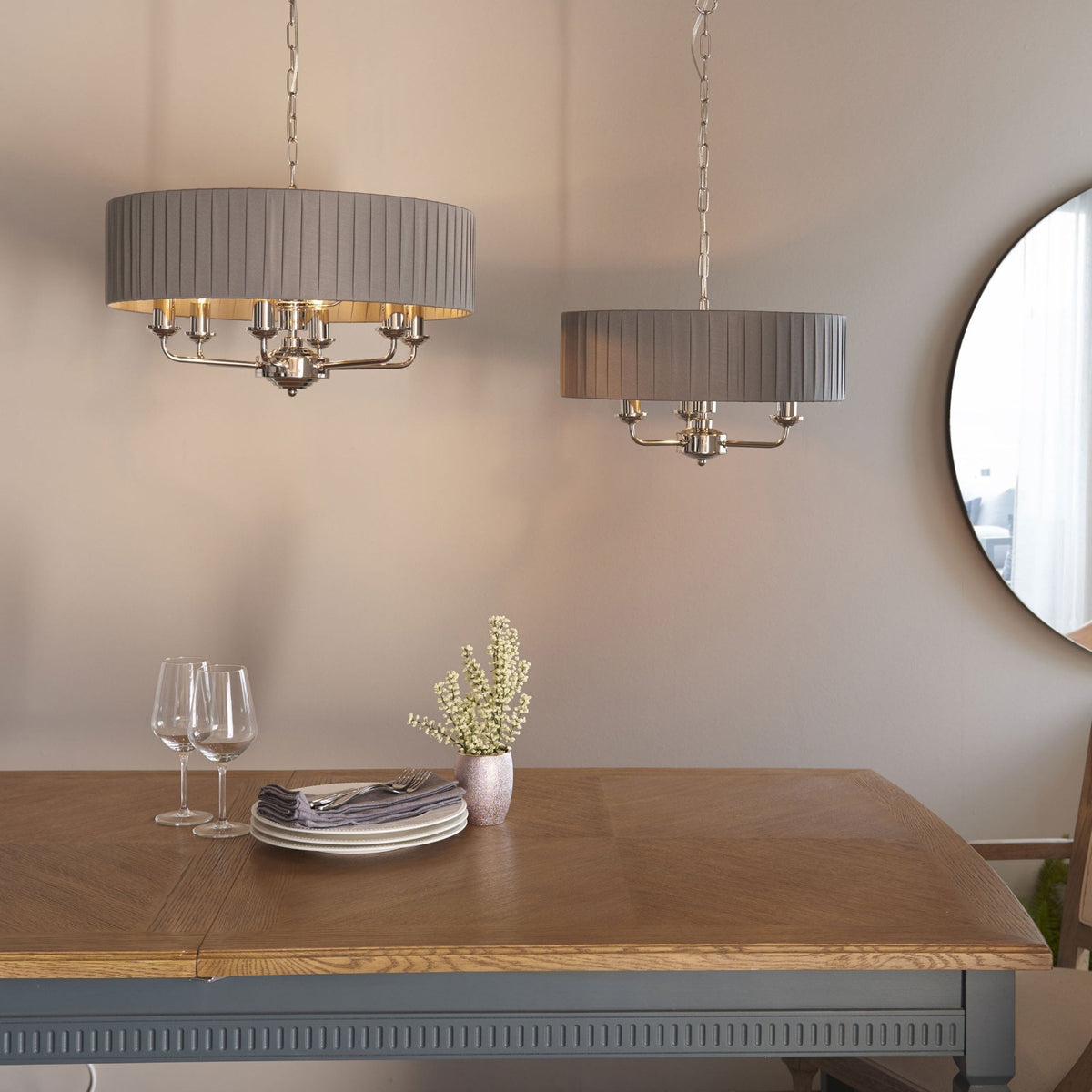Highclere Six Light Pendant in Nickel with Pleated Charcoal Shade