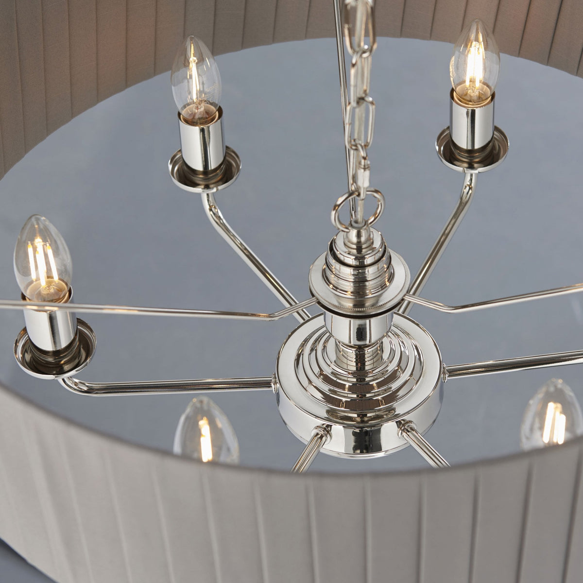 Highclere Six Light Pendant in Nickel with Pleated Charcoal Shade