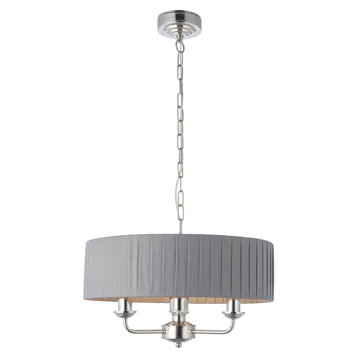 A grey pleated drum shade chandelier with three lights hangs from a chain against a white background.