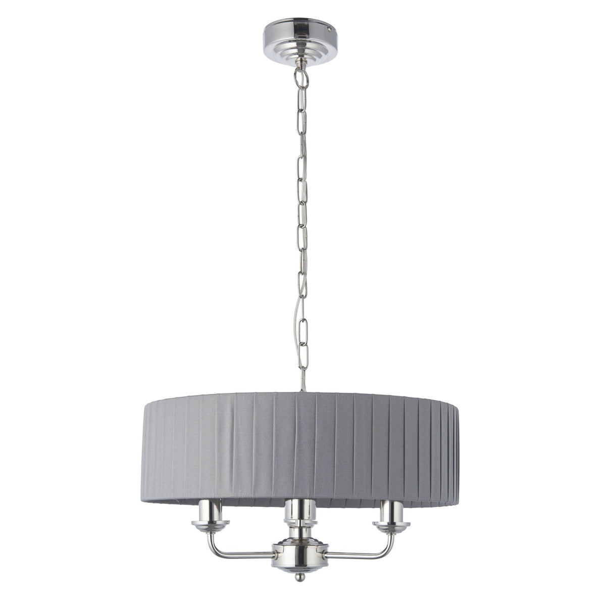 A grey pleated drum shade chandelier with three lights hangs from a chain against a white background.