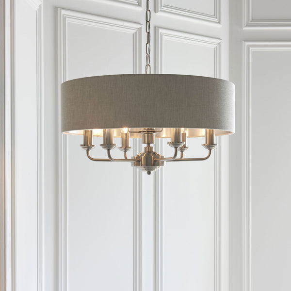 Highclere Six Light Pendant in Brushed Chrome with Natural Shade