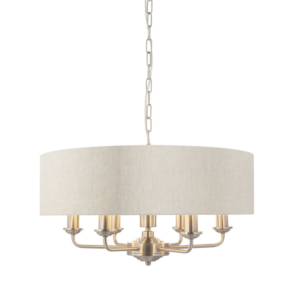 Highclere Six Light Pendant in Brushed Chrome with Natural Shade