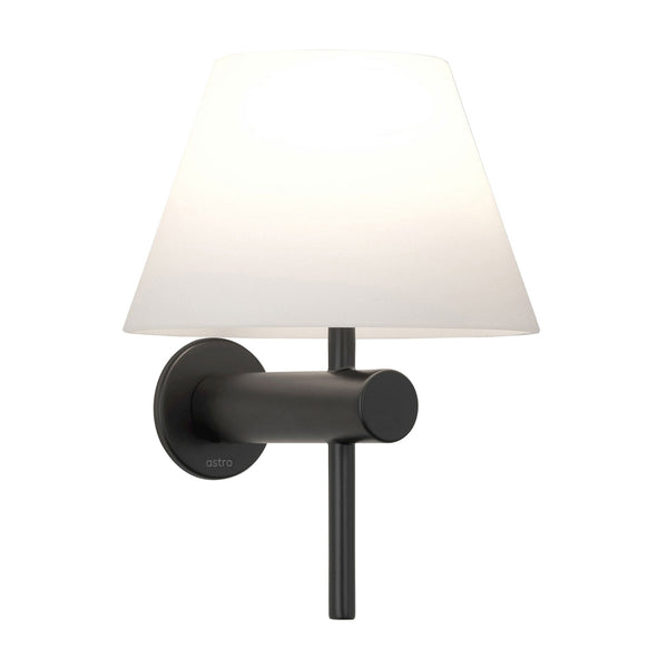 Astro wall light with a black base and a white conical shade