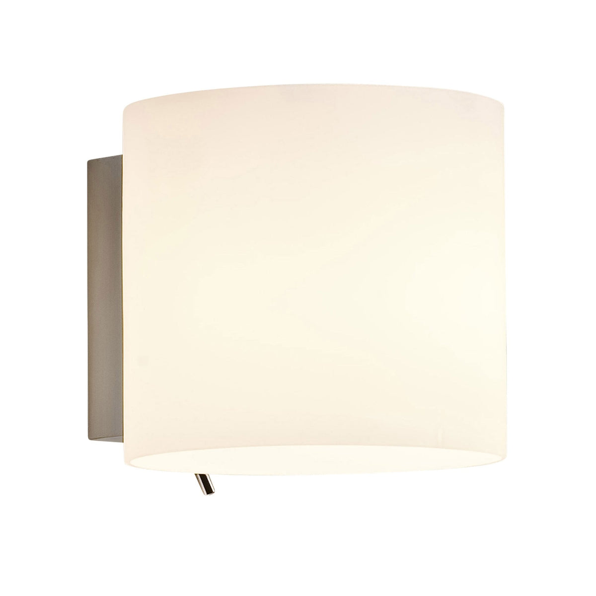 Wall sconce with a brushed metal base and a curved, frosted white glass shade