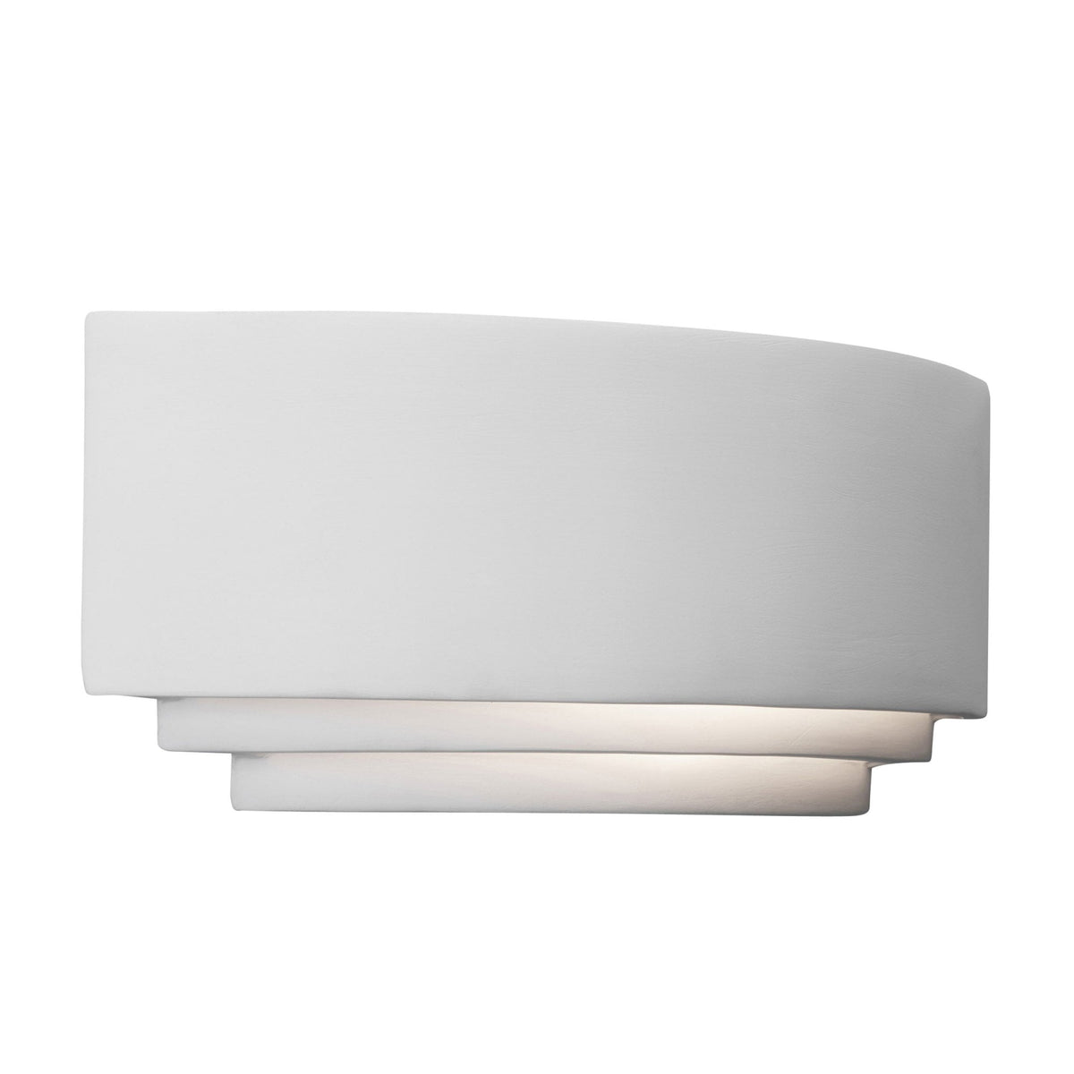 White curved wall sconce with light shining downwards.