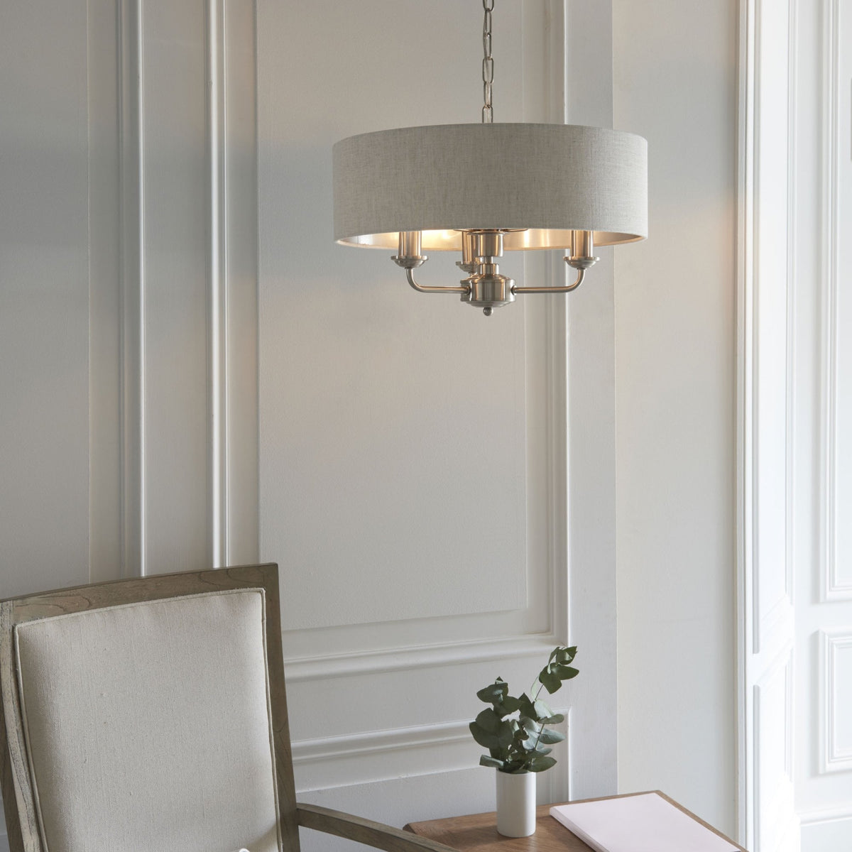 Highclere Three Light Pendant in Chrome with Natural Shade