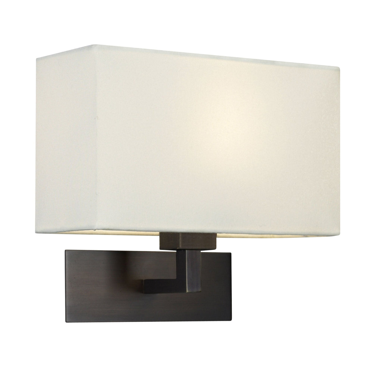 Rectangular wall sconce with a white fabric shade and dark bronze base.