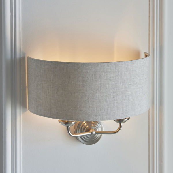 Highclere Twin Lamp Wall Light in Brushed Chrome with Natural Shade