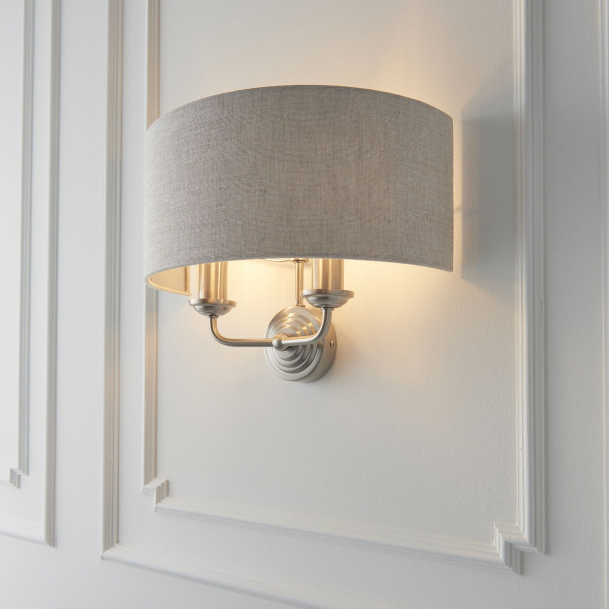 Highclere Twin Lamp Wall Light in Brushed Chrome with Natural Shade