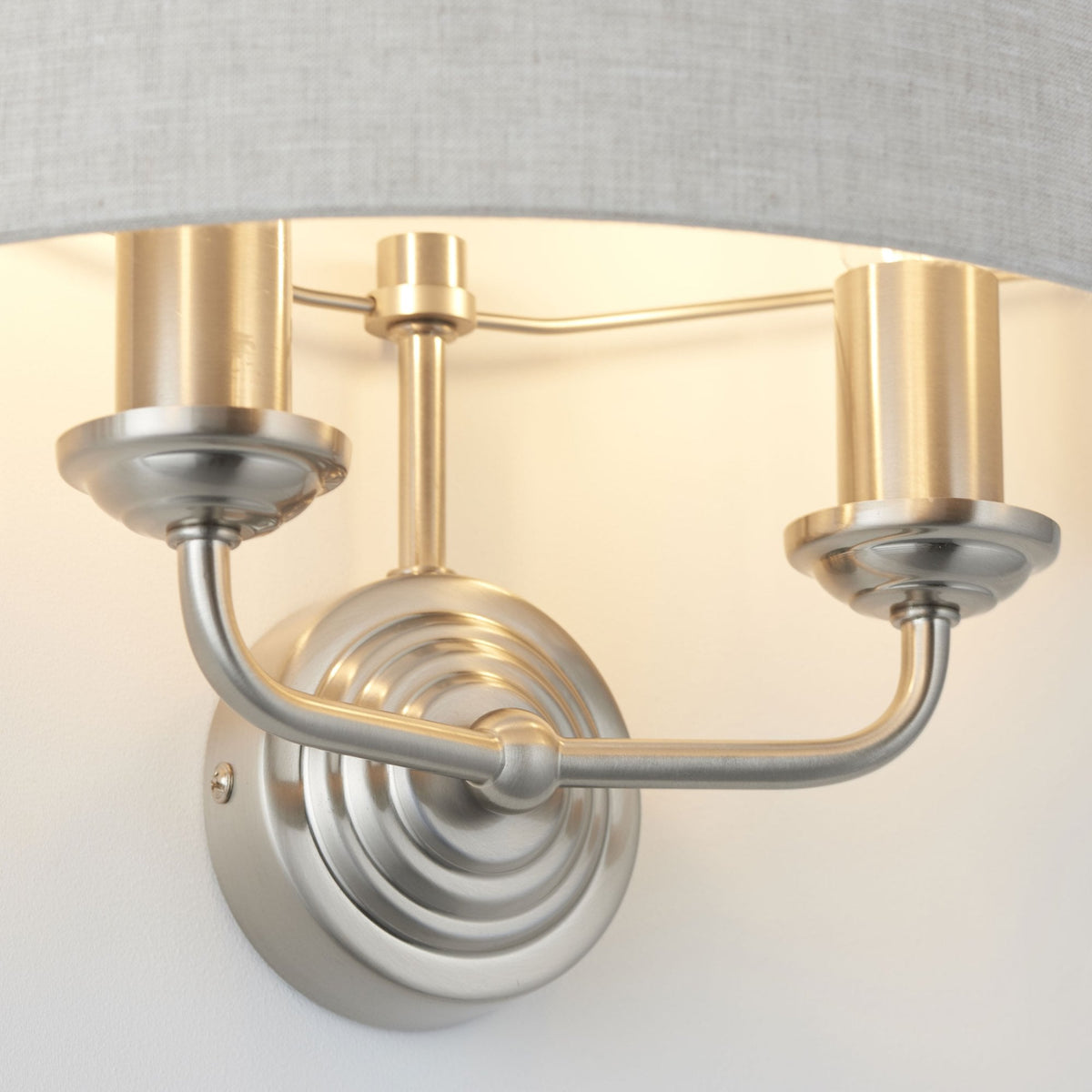Highclere Twin Lamp Wall Light in Brushed Chrome with Natural Shade