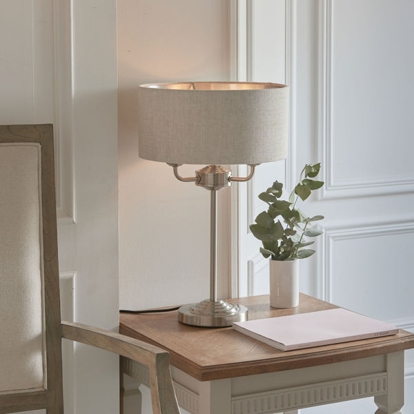 Highclere Three Light Table Lamp in Chrome with Natural Shade