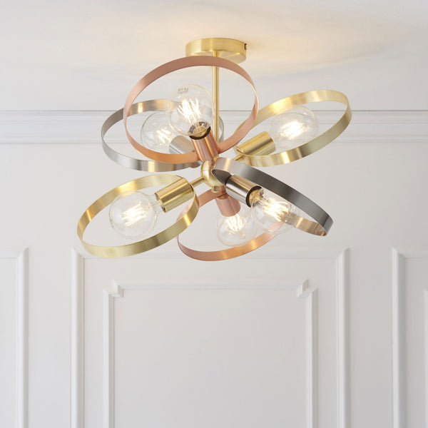 Hoop 6lt Semi Flush Ceiling Light in Brass Nickel & Copper
