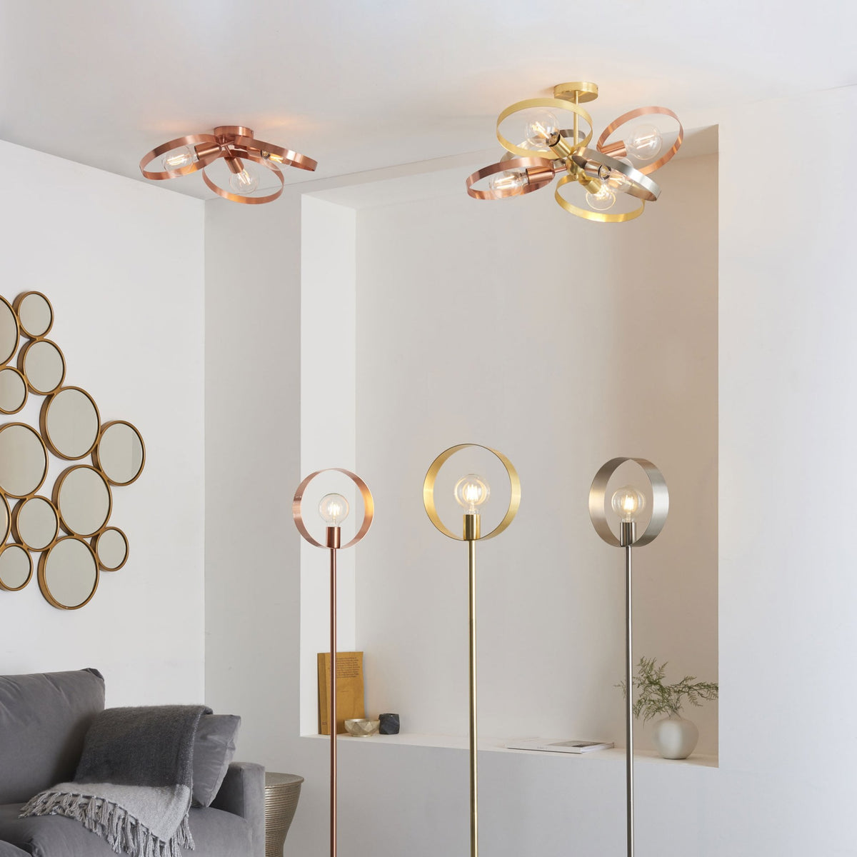Hoop 6lt Semi Flush Ceiling Light in Brass Nickel & Copper
