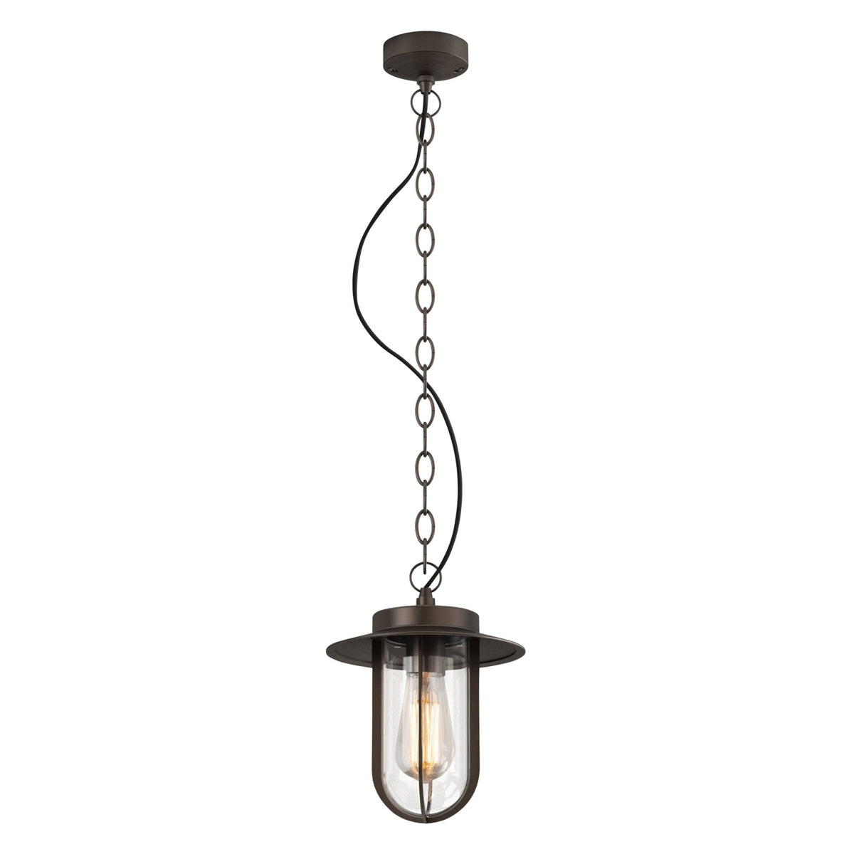 Bronze outdoor pendant light with clear glass and exposed bulb