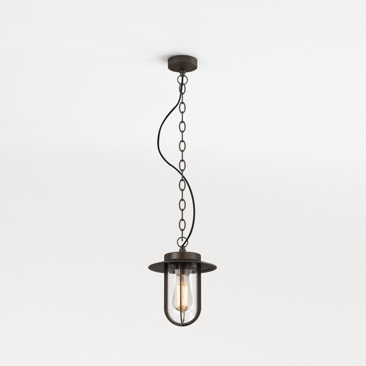 Bronze outdoor pendant light with clear glass and exposed bulb