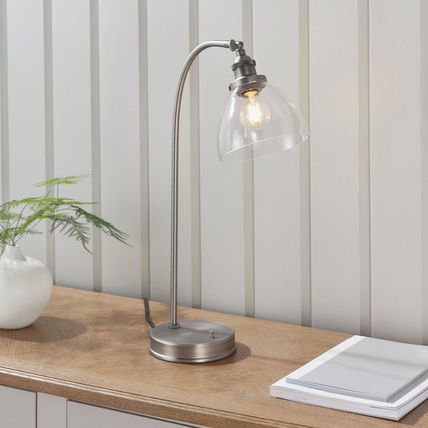 Hansen Task Table Lamp in Brushed Silver and Clear Glass Shade