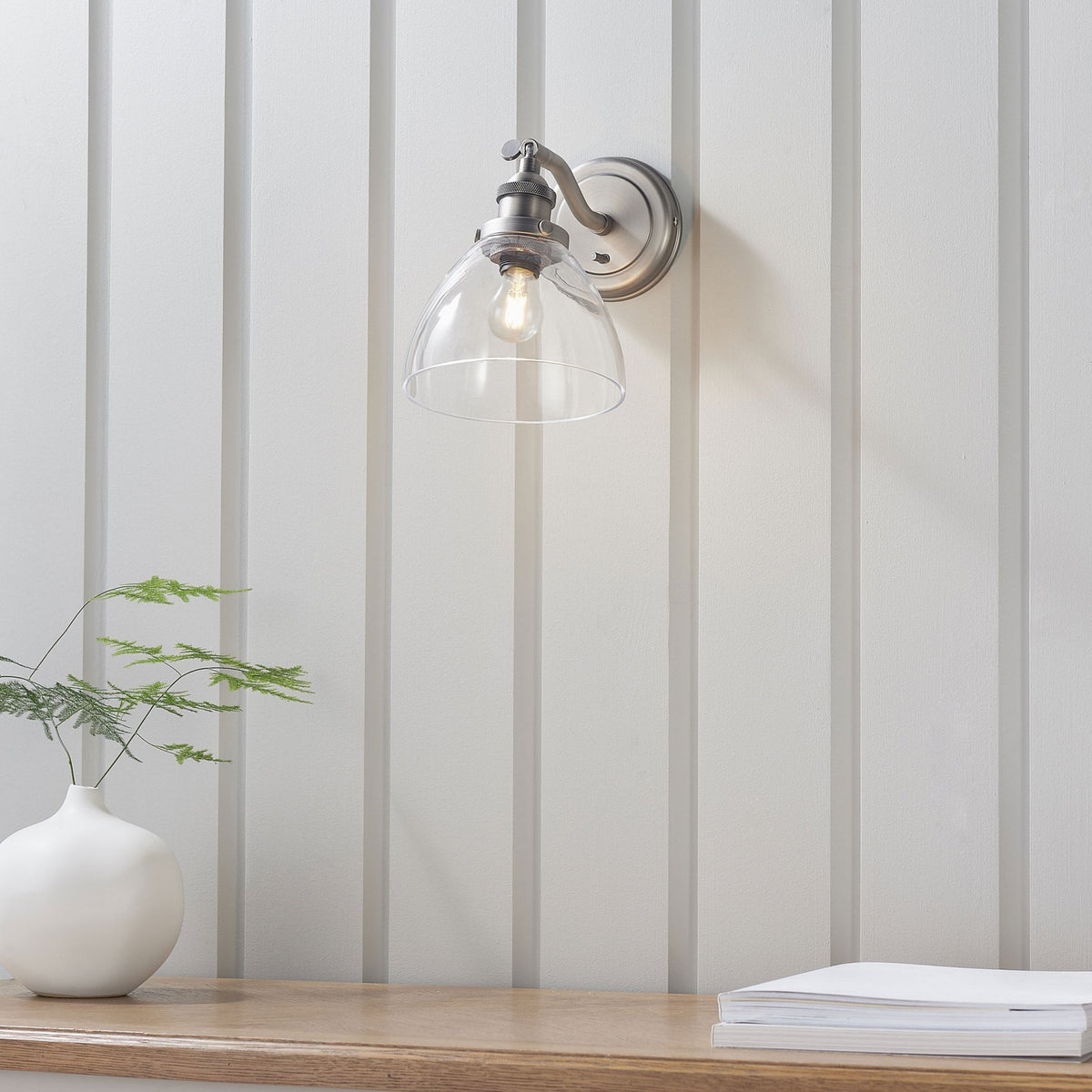 Hansen Wall Light in Brushed Silver and Clear Glass Shade
