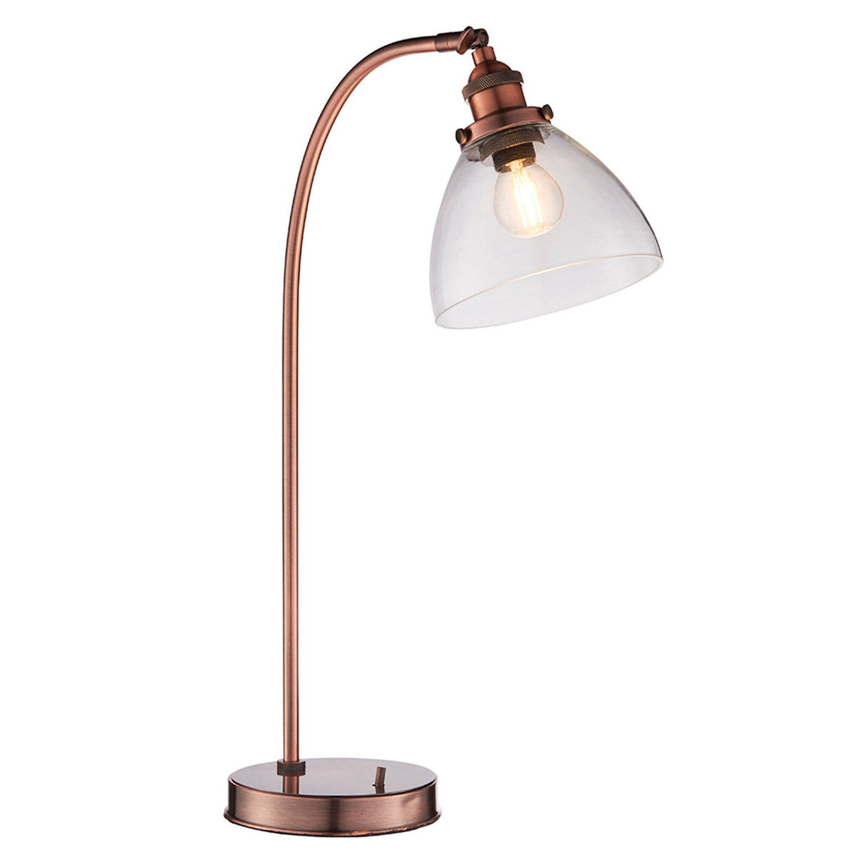 Copper table lamp with a curved arm and a clear glass bell-shaped shade on a white background.
