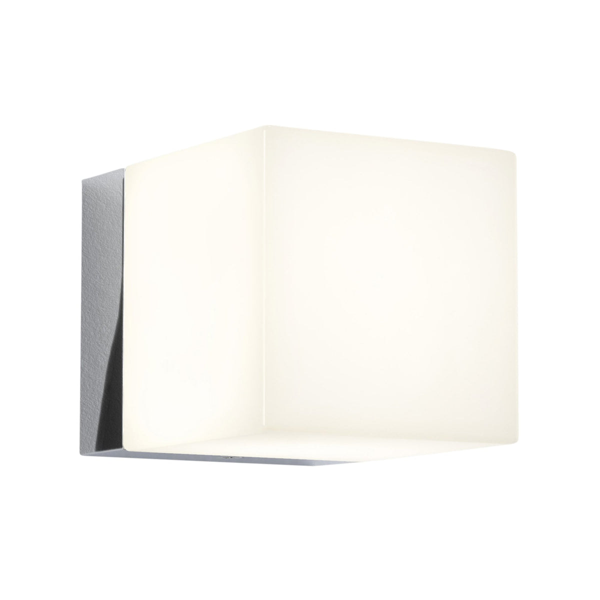 A modern, square-shaped wall sconce with a frosted white diffuser and a metallic base.