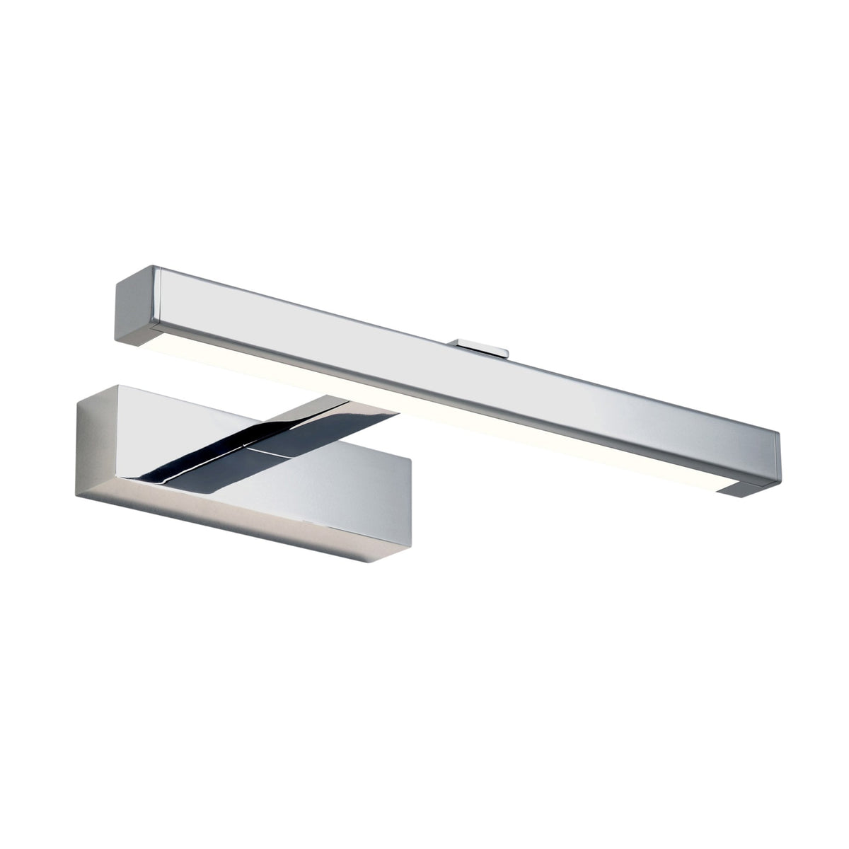 Chrome LED picture light with a rectangular base and a long, thin, horizontal light bar